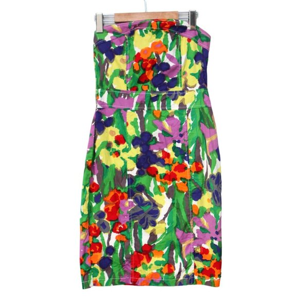 DEPT Strapless Floral Sheath Dress Abstract Bright Print Stretch Smocked Party - Picture 10 of 13